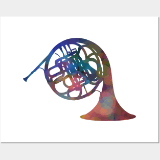 French Horn Silhouette: Rainbow Watercolor Posters and Art